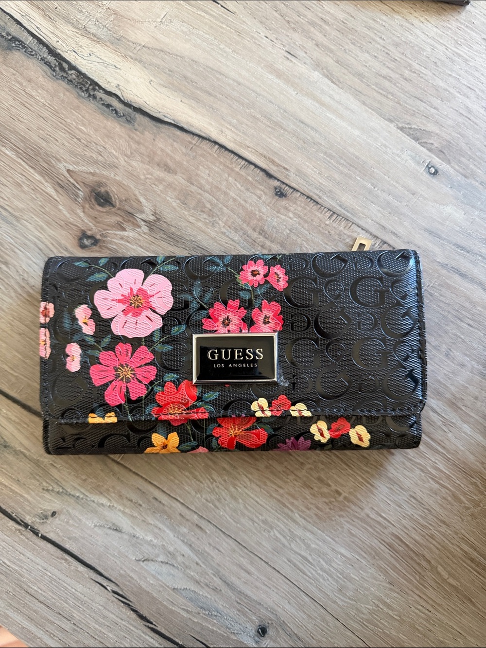 GUESS Black Floral Logo Trifold Wallet
